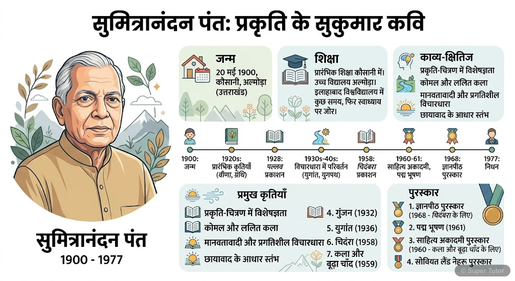 An infographic detailing the life, education, literary periods (Chhayavad, Pragativad, Aurobindo Darshan), major works (Veena, Granthi, Gunjan, Gramya, Pallav, Yugant, Swarn Kiran, Swarnadhuli, Kala a