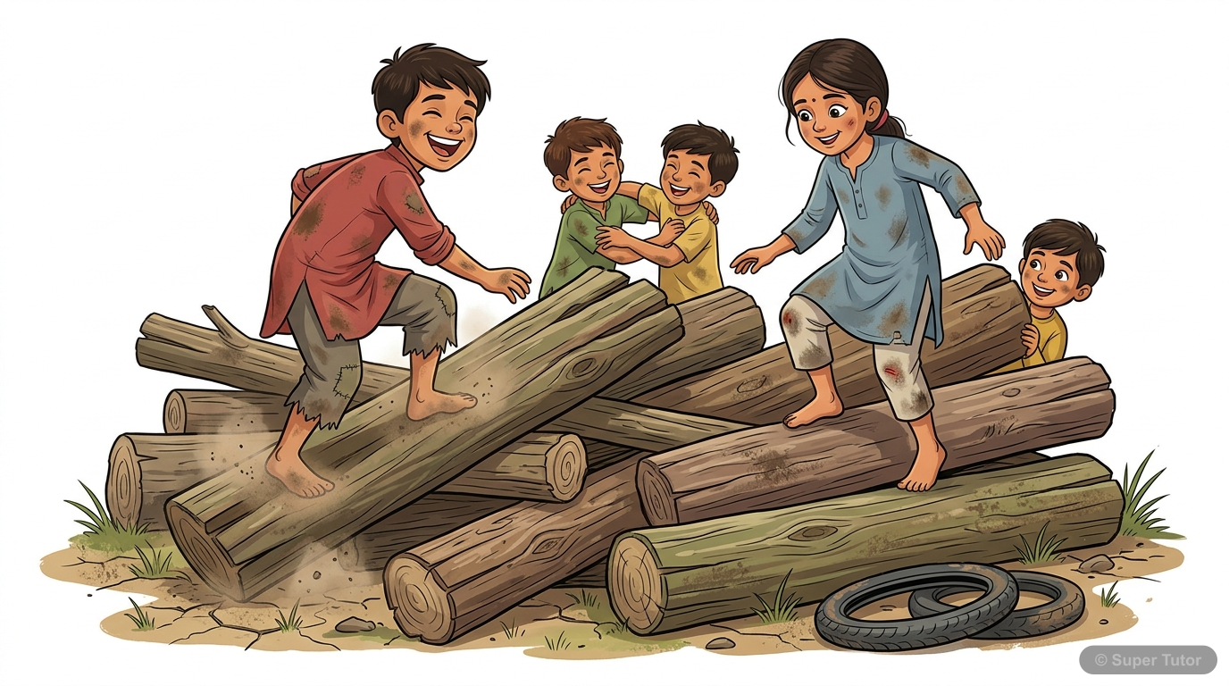 यह चित्र बच्चों को नंगे पैर, फटे-पुराने कपड़ों में, धूल और चोटों के साथ लकड़ी के ढेर पर खेलते हुए दिखाता है, जो उनके लापरवाह और आनंदमय बचपन को दर्शाता है।