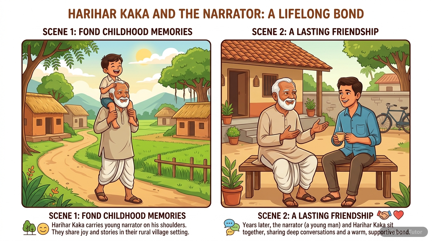 यह चित्र हरिहर काका और कथावाचक के बीच गहरे भावनात्मक संबंध को दर्शाता है। कथावाचक बचपन में हरिहर काका के कंधे पर बैठे हुए, और बड़े होने पर दोनों को मित्रवत बातचीत करते हुए दिखाया गया है।