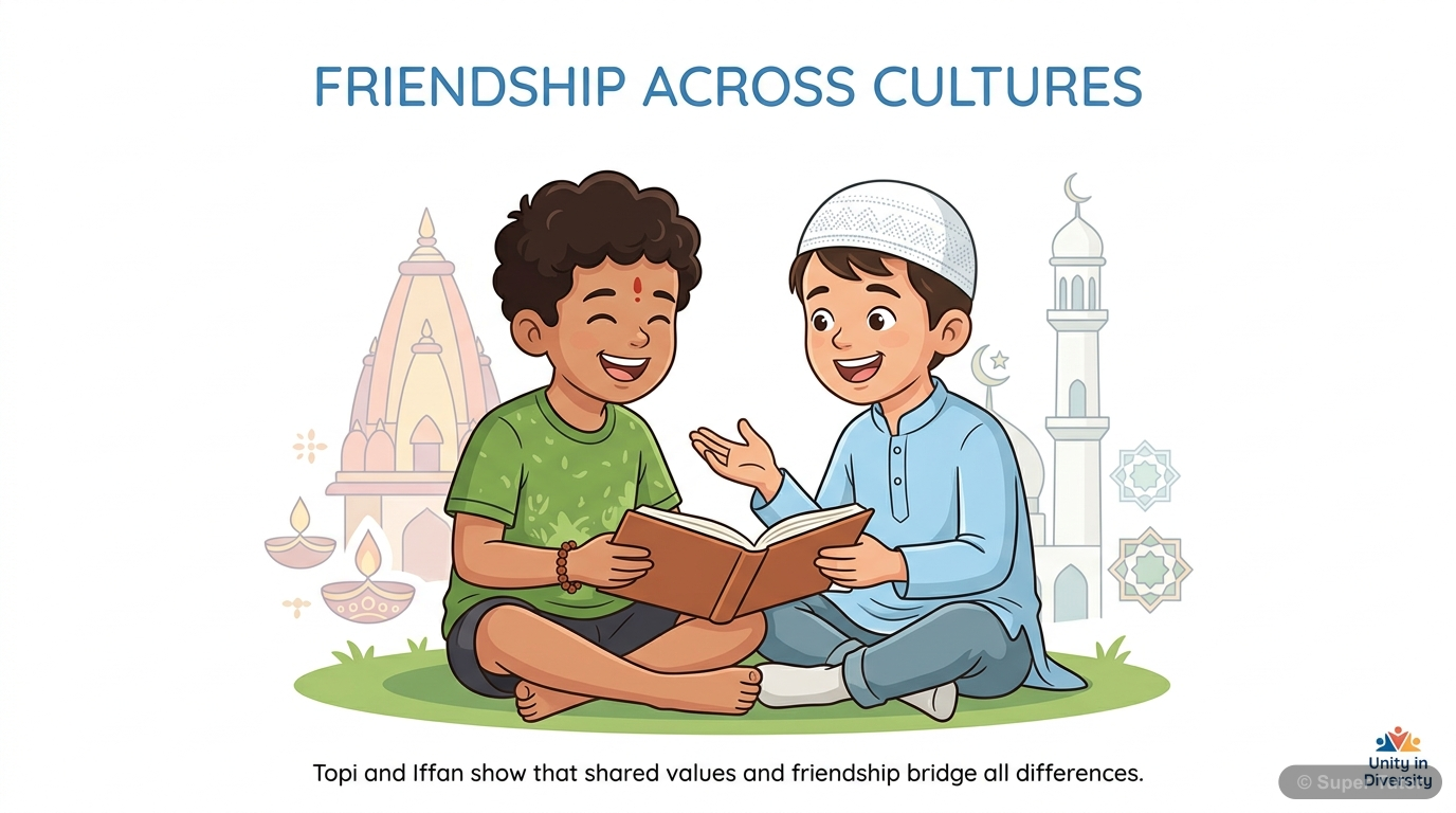 एक चित्रण जो टोपी और इफ़्फ़न की गहरी दोस्ती को दर्शाता है, जबकि उनके अलग-अलग पारिवारिक पृष्ठभूमि (हिंदू और मुस्लिम) और परंपराओं को सूक्ष्म रूप से उजागर करता है। यह दिखाता है कि कैसे वे इन मतभेदों के ब