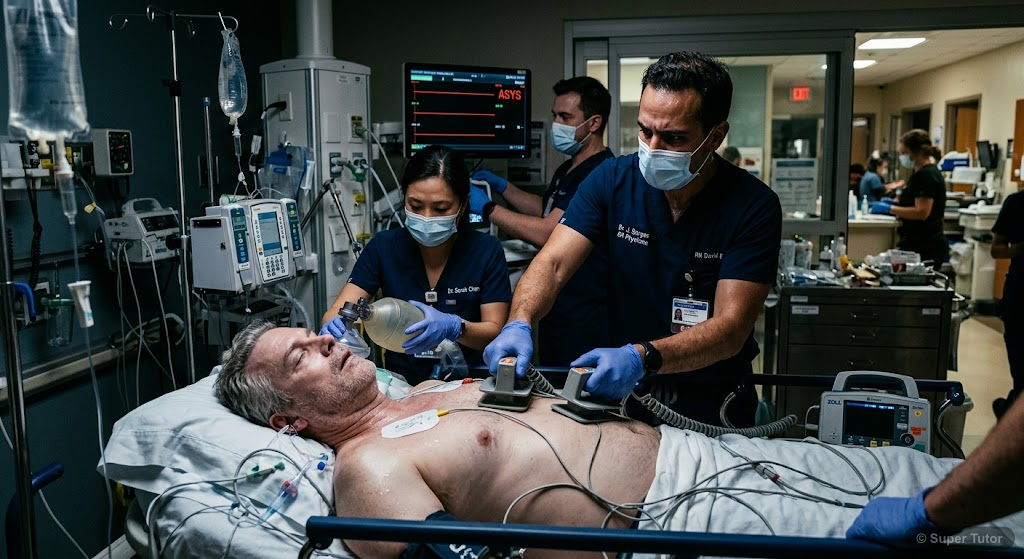 A dramatic scene depicting the author's critical condition after three heart attacks, with doctors giving up hope, and Dr. Borges administering 900-volt shocks to revive him. Show medical equipment, d
