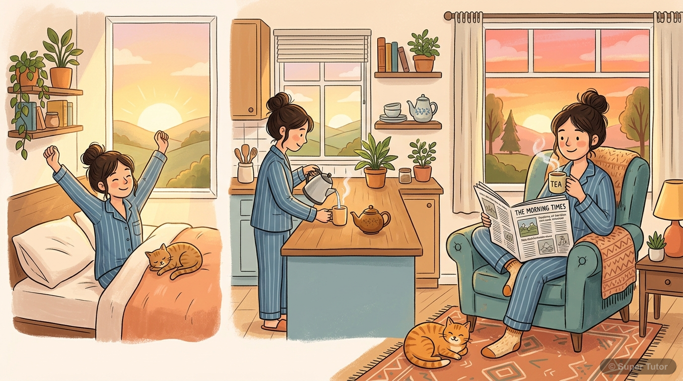 An illustration depicting the author's peaceful morning routine: waking up with the sunrise, making tea, reading the newspaper, and enjoying a relaxed morning.