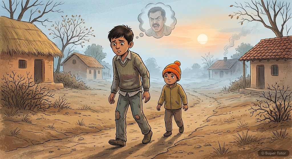 Childhood Fear of Punishment An illustration depicting a young boy walking home hesitantly with his younger brother, looking fearful, imagining his elder brother's anger. The setting is a rural village path in winter.