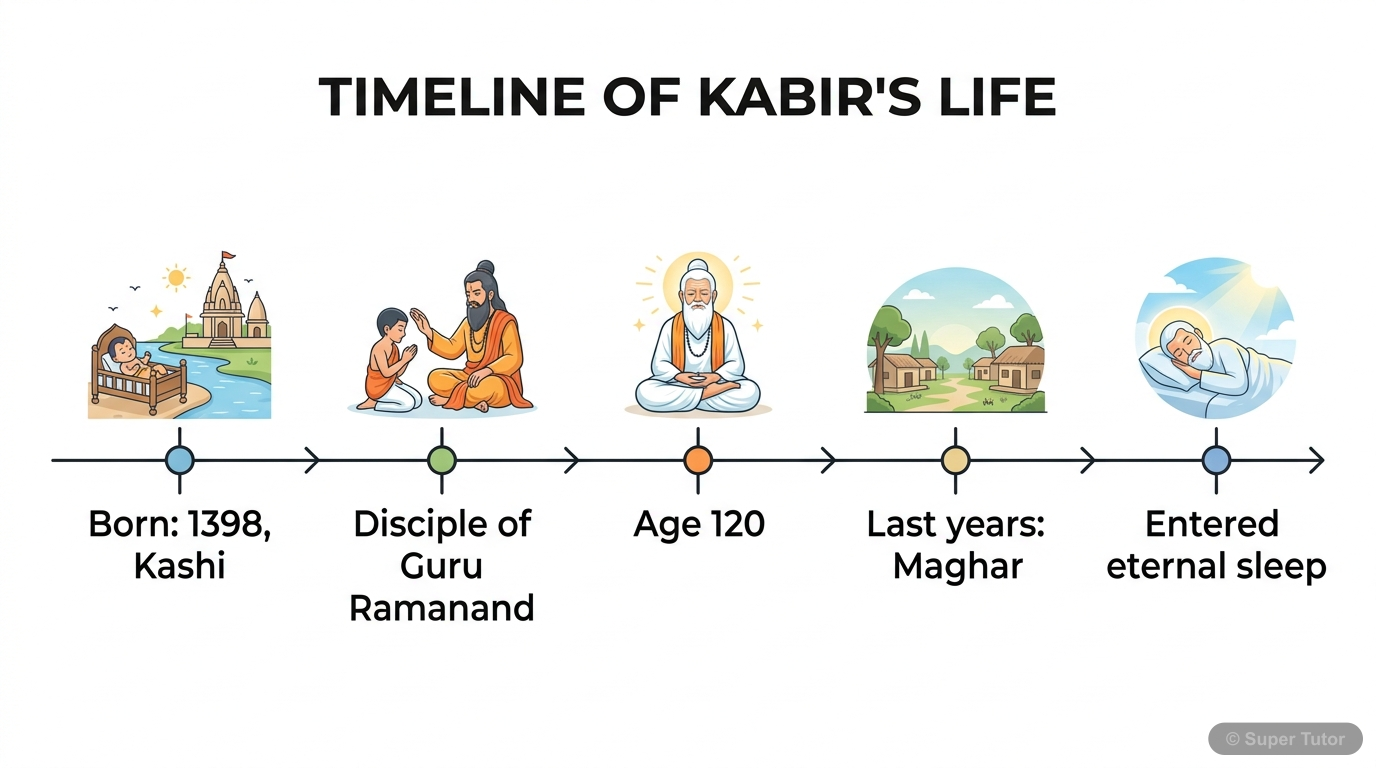 कबीर के जन्म, जीवन के महत्वपूर्ण पड़ावों (काशी, मगहर), और मृत्यु को दर्शाने वाली एक समयरेखा।