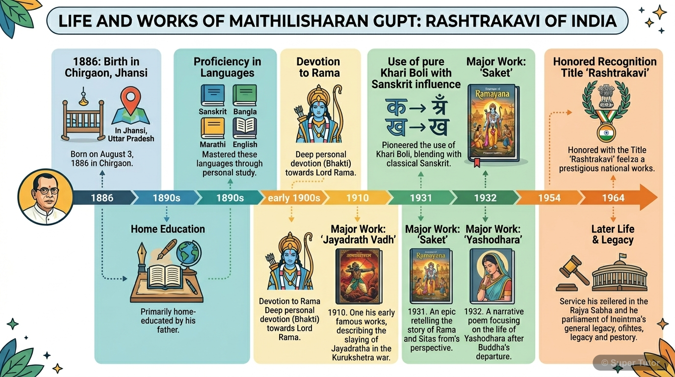 मैथिलीशरण गुप्त के जीवन की महत्वपूर्ण घटनाओं, जन्म, शिक्षा, राष्ट्रकवि के रूप में पहचान और प्रमुख कृतियों को दर्शाने वाली एक समयरेखा।