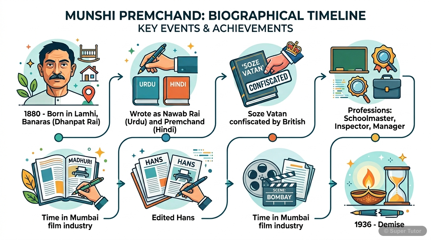 Premchand: Life and Literary Journey A timeline illustrating key events in Premchand's life, including his birth, early writing names (Dhanpat Rai, Nawab Rai, Premchand), confiscation of 'Soze Vatan', his various professions (schoolmaste
