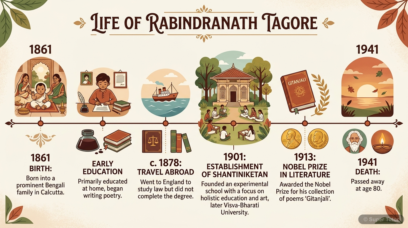 A timeline illustrating key events in Rabindranath Tagore's life, including his birth, education, Nobel Prize, establishment of Shantiniketan, and major literary works.