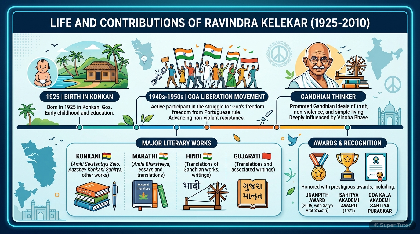 रवींद्र केलेकर के जीवन की प्रमुख घटनाओं और साहित्यिक योगदान को दर्शाने वाली एक समयरेखा, जिसमें उनके जन्म, गोवा मुक्ति आंदोलन में भागीदारी, गांधीवादी विचारधारा, प्रमुख कृतियाँ और पुरस्कार शामिल हैं।