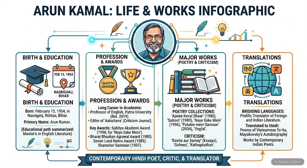 An infographic detailing Arun Kamal's birth, education, profession, awards (Sahitya Akademi), major works (poetry collections like 'Apni Kewal Dhar', 'Saboot', 'Naye Ilake Mein', 'Putli Mein Sansar', 