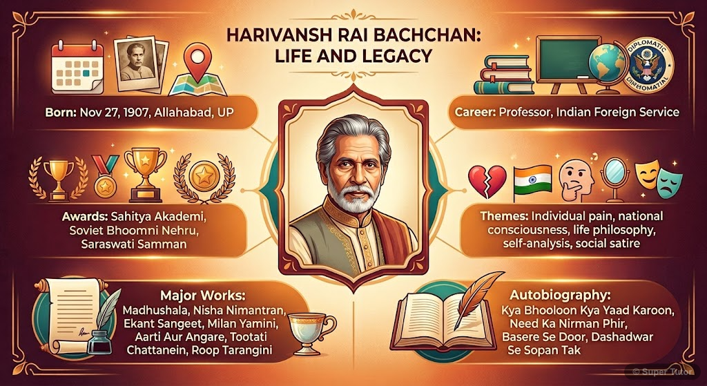 Harivansh Rai Bachchan: Biography An infographic detailing the key biographical information of Harivansh Rai Bachchan, including his birth, education, career (professor, Indian Foreign Service), literary contributions, and awards.