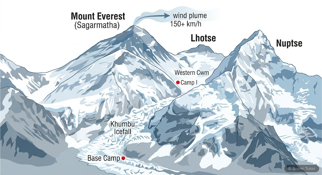 Mount Everest and Surrounding Peaks A labeled diagram showing Mount Everest, Lhotse, Nuptse, and the Khumbu Icefall, highlighting their relative positions and key features mentioned in the text.