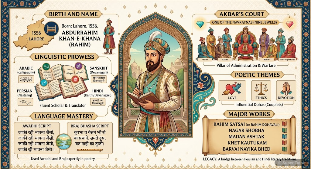 An infographic detailing the life and contributions of Rahim, including his birth, full name, linguistic knowledge, position in Akbar's court (Navratna), main poetic themes (Shringar, Neeti, Bhakti), 
