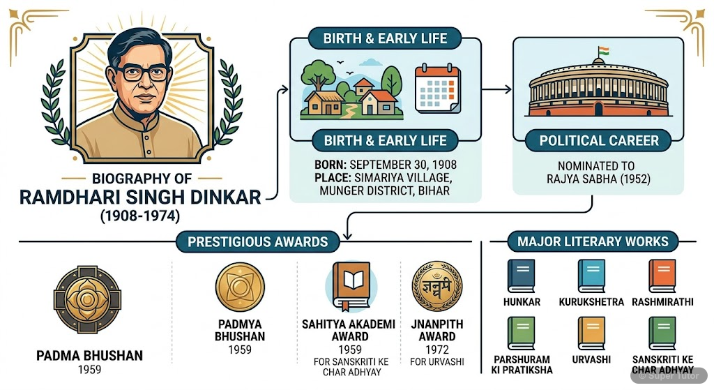 An infographic detailing the life, key achievements, awards (Padma Bhushan, Sahitya Akademi, Jnanpith), and major literary works of Ramdhari Singh Dinkar.