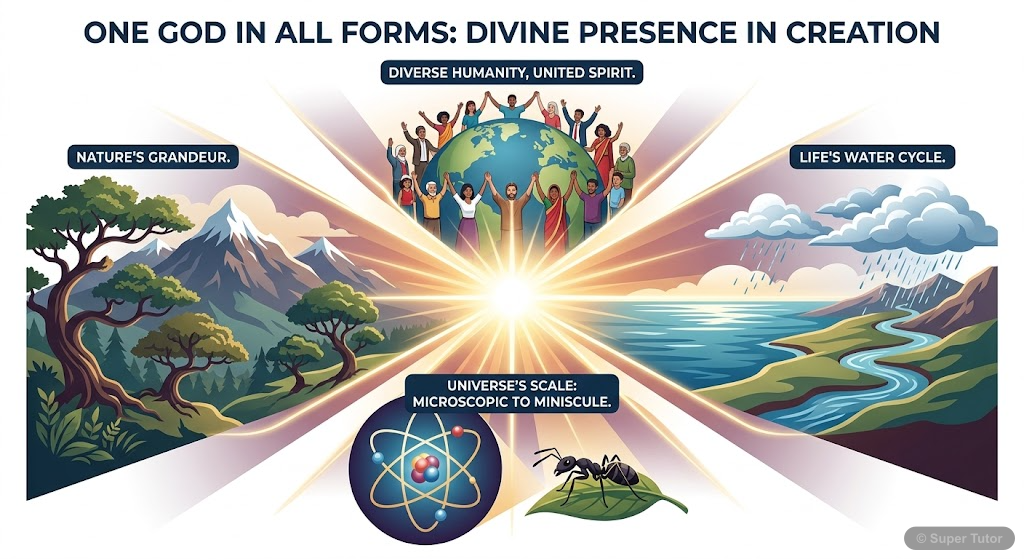 Sant Tukdoji's Philosophy of Oneness An illustration depicting Sant Tukdoji's philosophy of God's omnipresence and oneness in various forms – across different countries, disguises, as part of the world's stage, in nature (ocean, cloud, r