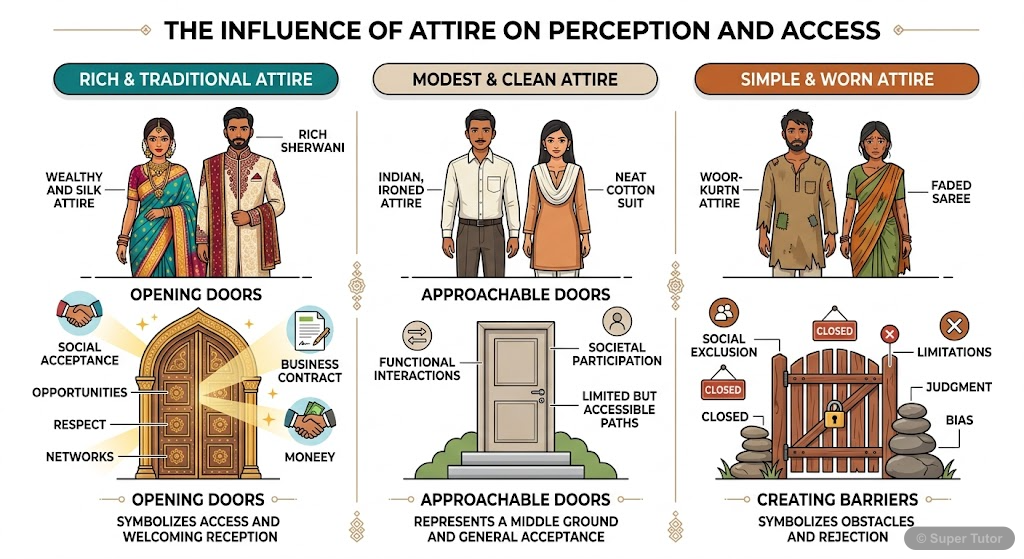 Social Class and Dress An illustration showing how different types of clothing (poshak) represent different social classes and statuses in society, with examples of traditional Indian attire.