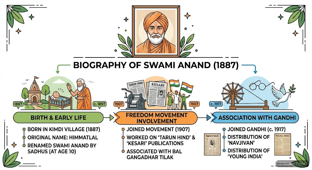 स्वामी आनंद: जीवन परिचय An infographic detailing the life and key milestones of Swami Anand, including his birth, original name, adoption by sadhus, involvement in the freedom movement, association with newspapers like 'Taru