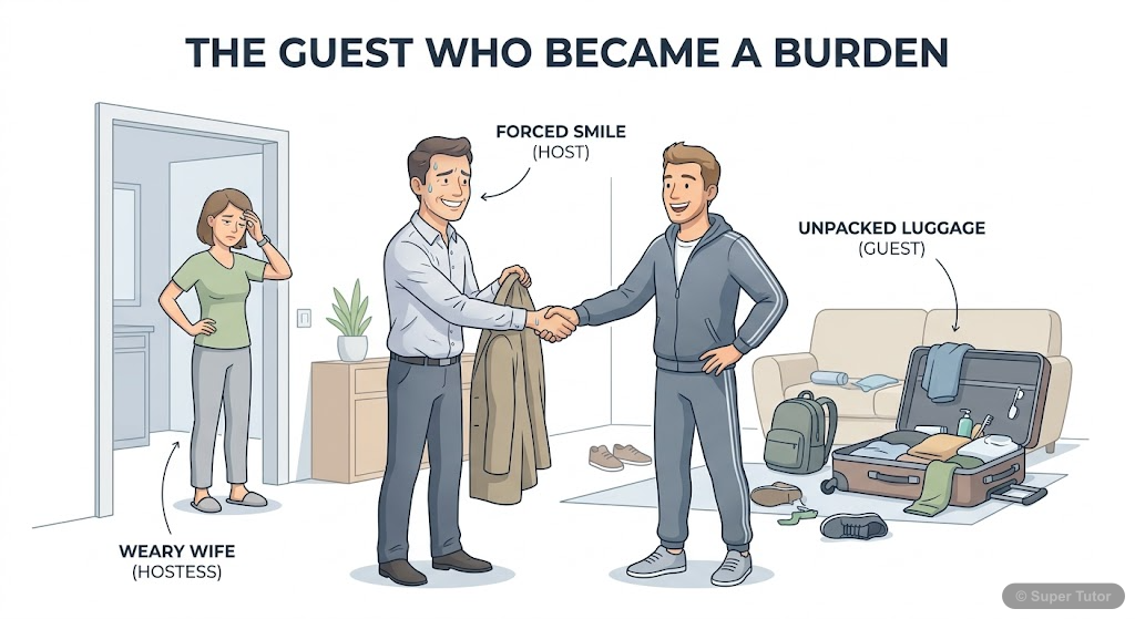 An illustration depicting a host's initial forced smile and a guest's comfortable, prolonged stay, highlighting the contrast between expectation and reality.