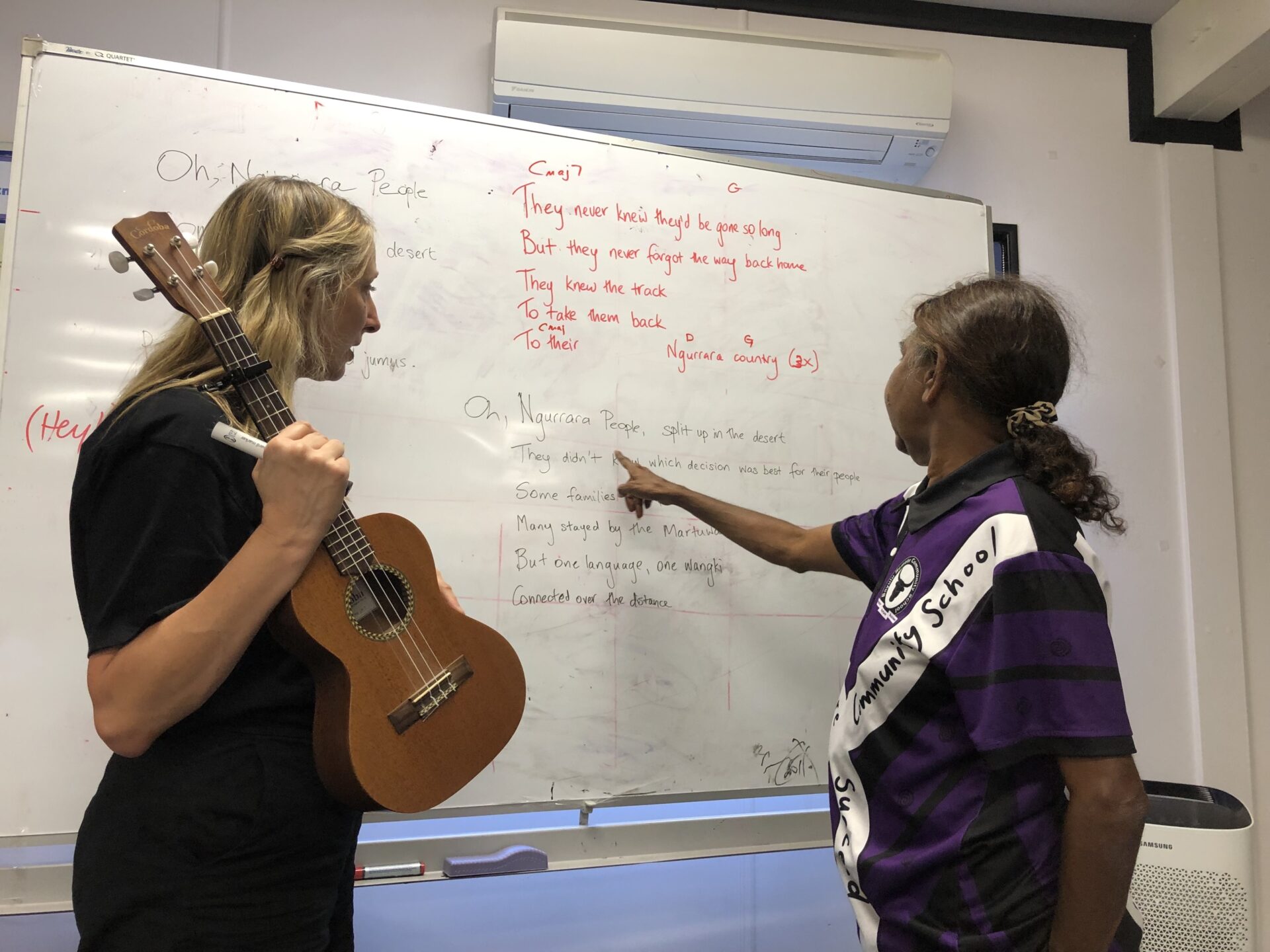 Walmajarri songwriter and Bayulu School teacher Irene Bent editing her song Ngurrara People with Gillian Howell