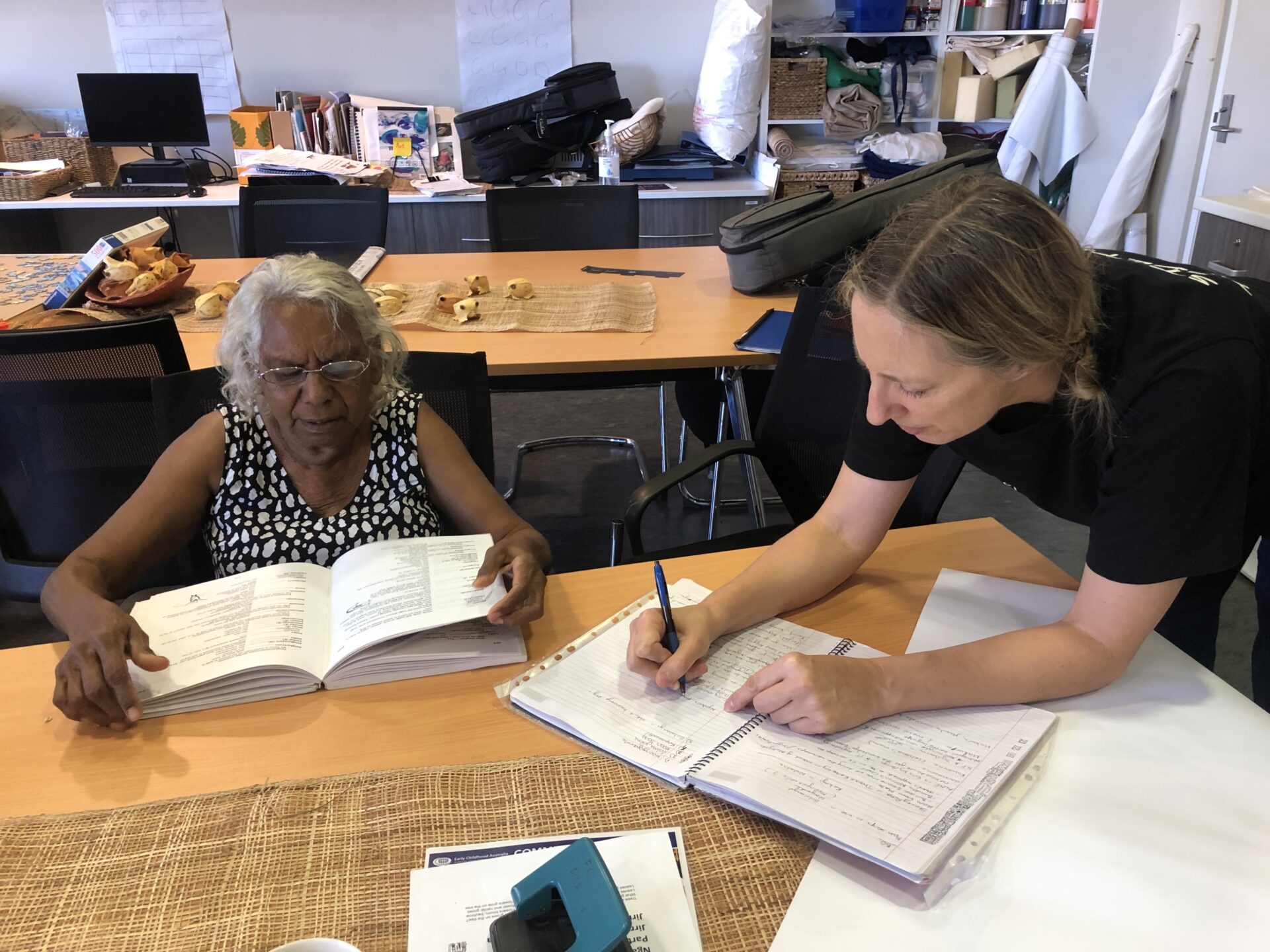 Walmajarri songwriter and BG educator Eva Nagoodah working with Gillian Howell to write her song Pujurl