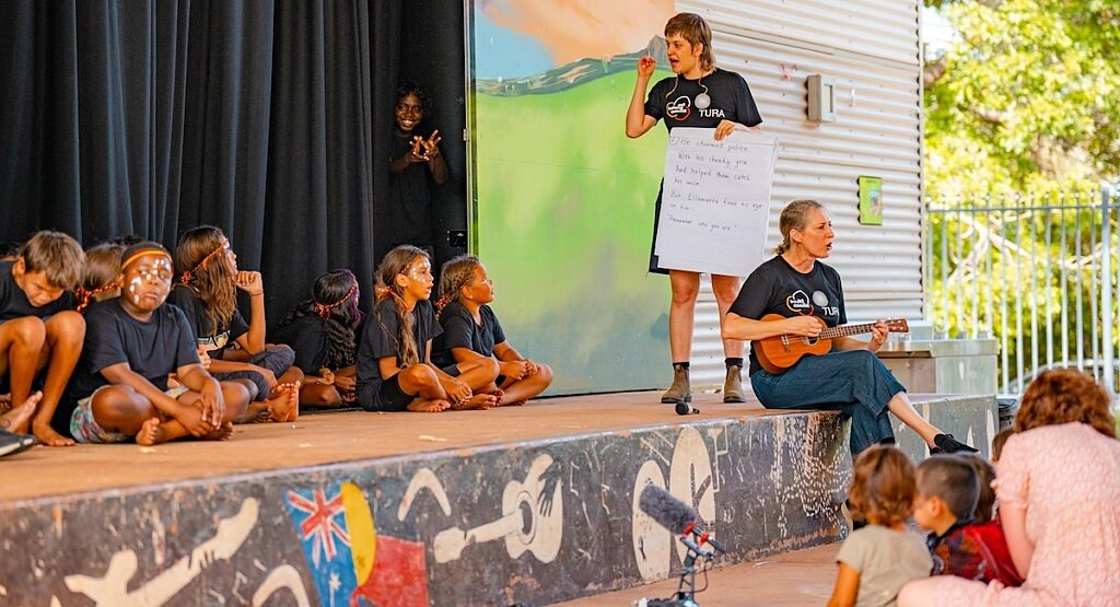 Fitzroy Valley District High School students performing for community with Gillian Howell and Annika Moses as part of Turas Sound FX program 2023 Photo by Edify Media