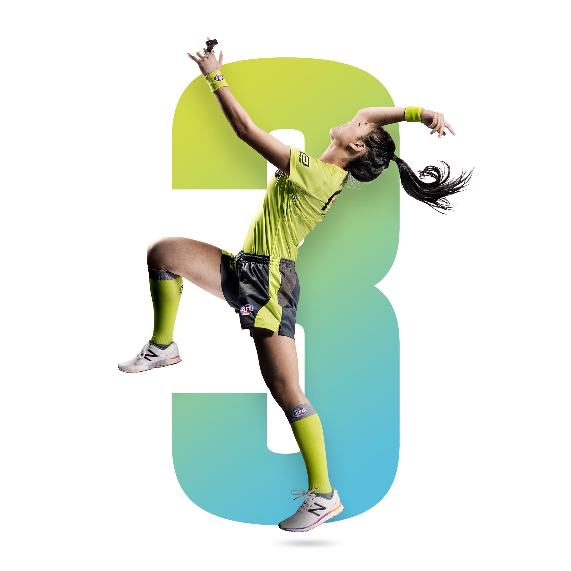 A woman reaching for a ball in front of the number 3