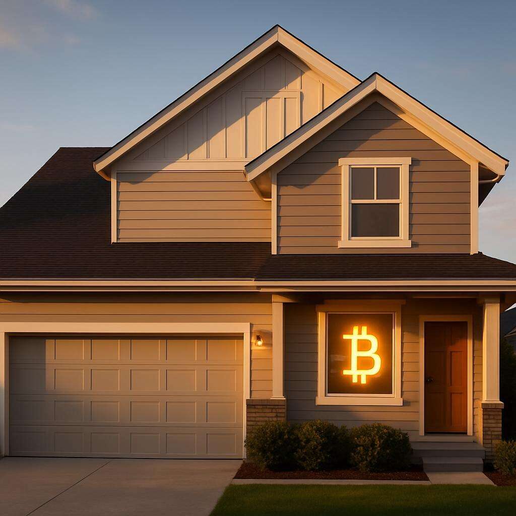 Modern home exterior with a subtle Bitcoin symbol reflection, representing Bitcoin-backed mortgages