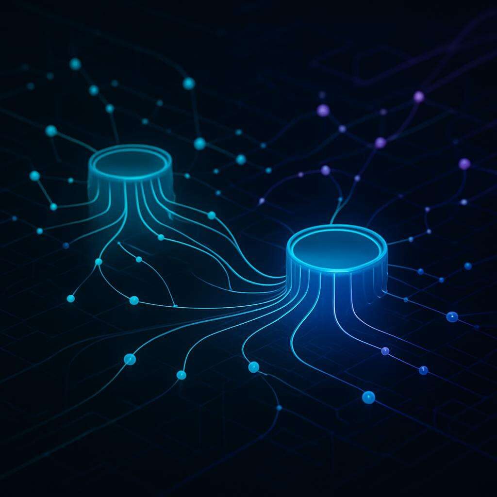 Abstract visualization of interconnected liquidity pools and token swap flows representing Raydium's automated market maker on the Solana blockchain