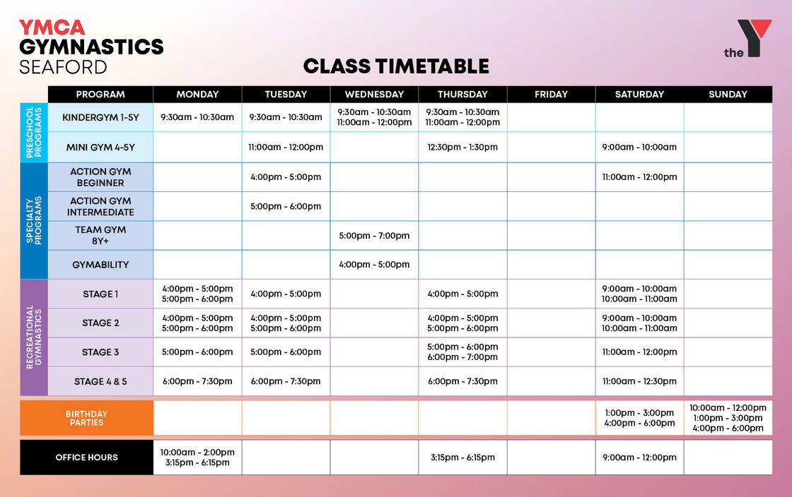 Gymnastics Timetables Seaford OCT2022