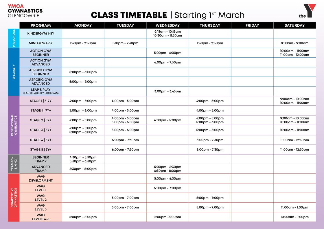 GG Gymnastics Timetable 2021