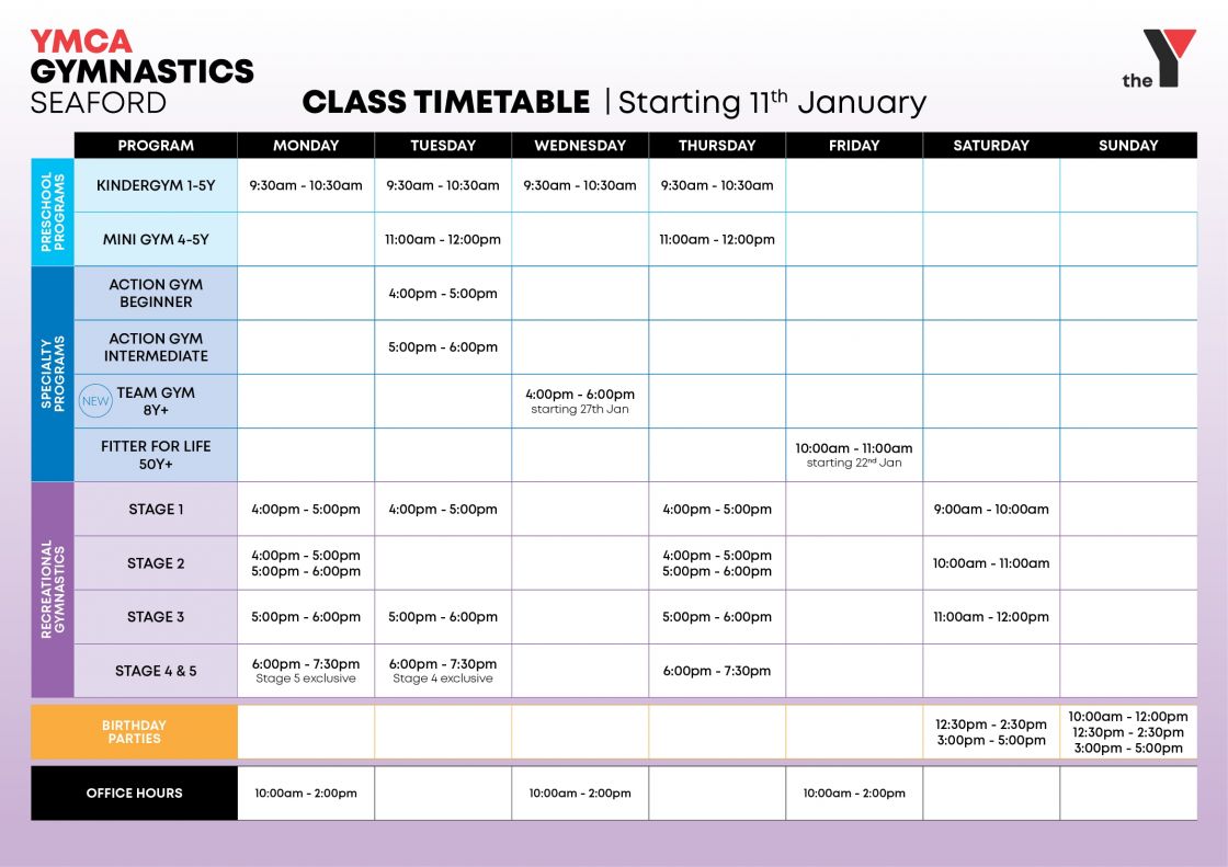 SF Gymnastics Timetable 2021