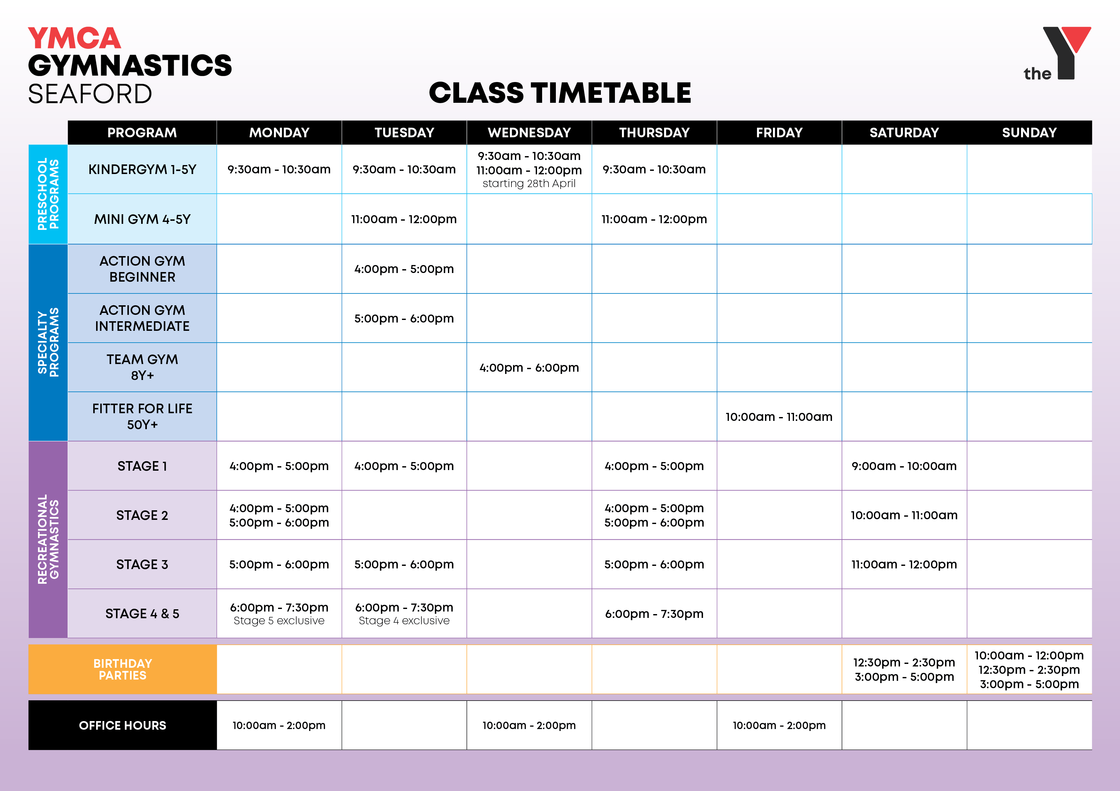 SF Gymnastics Timetable 2021 april
