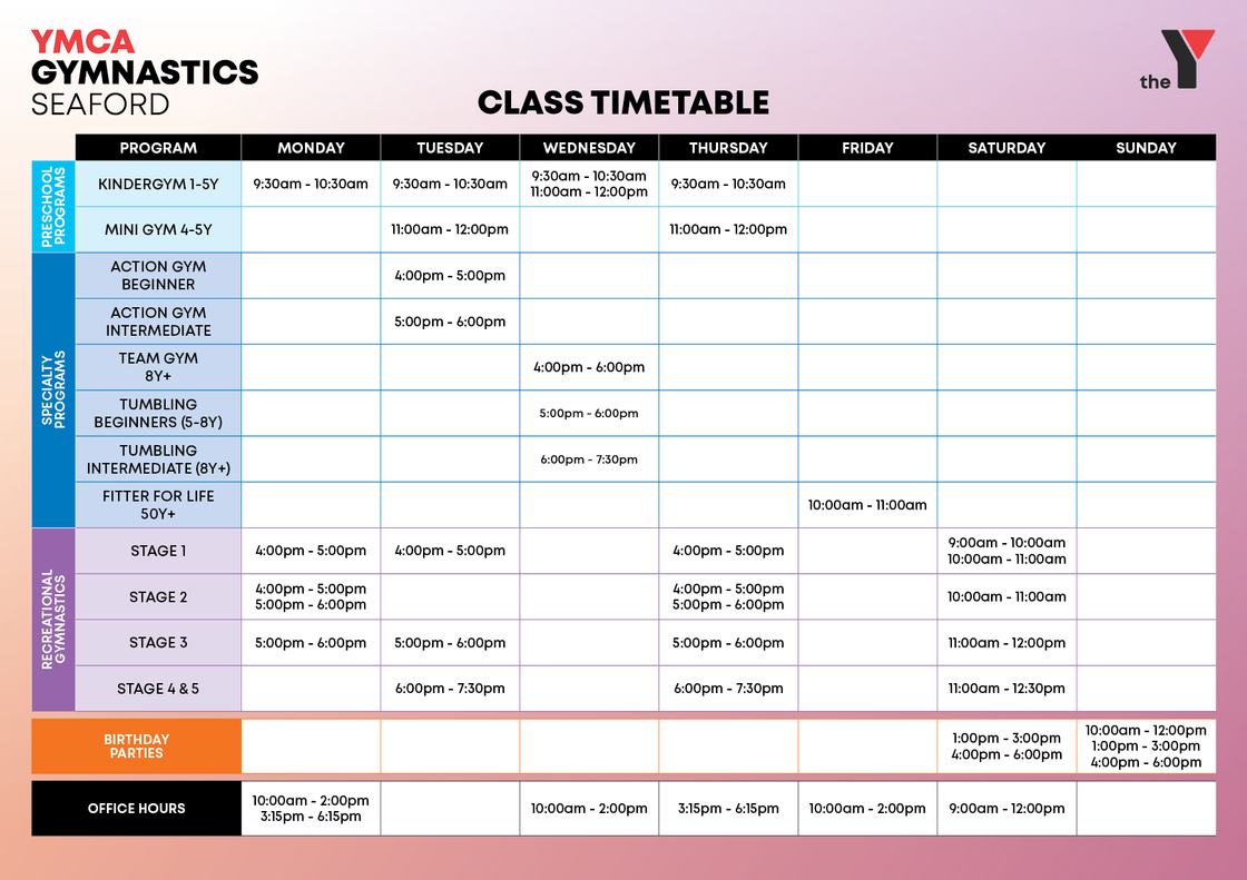 SF Gymnastics Timetable 2022